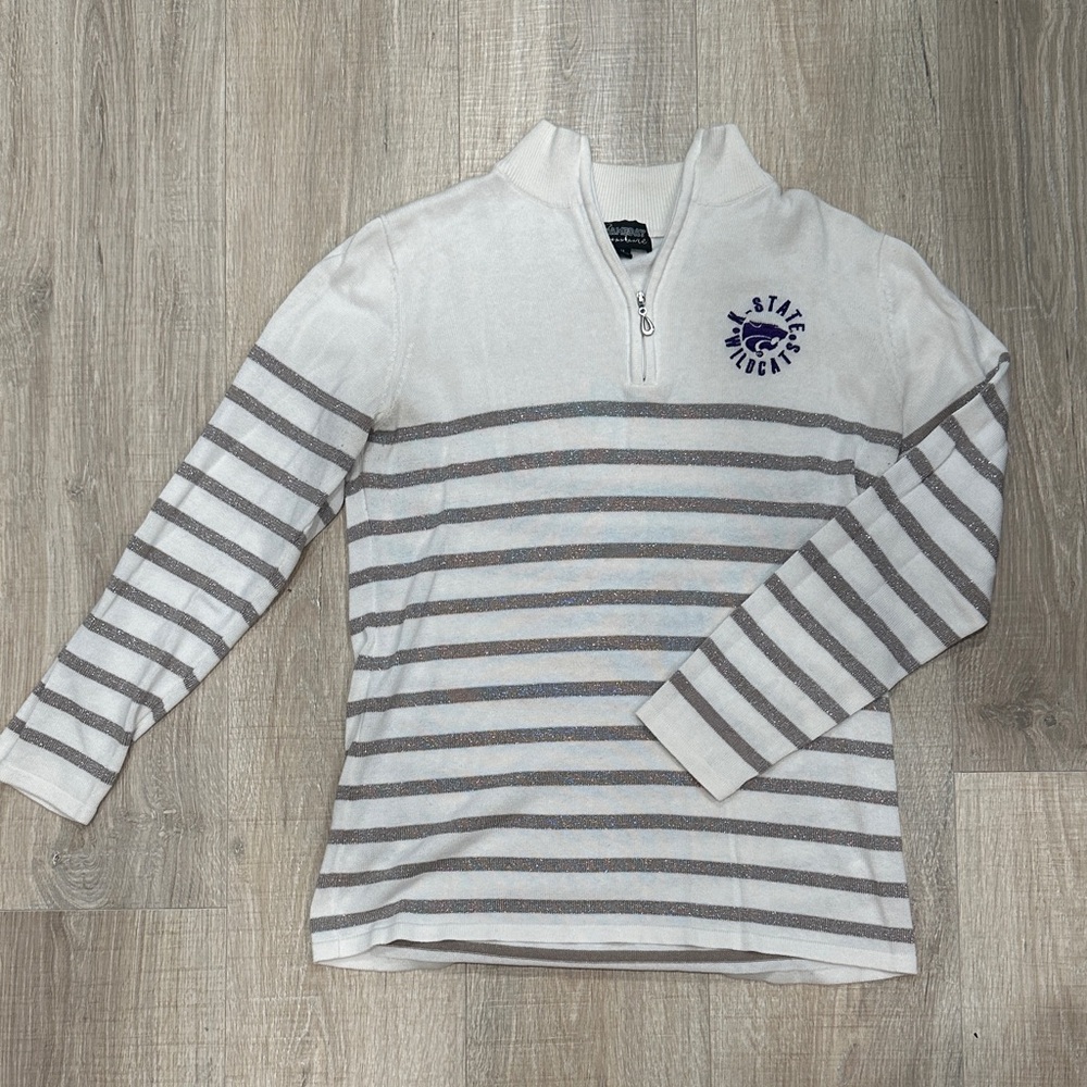 Kansas State Wildcats Women's White and Gray Striped Sweater